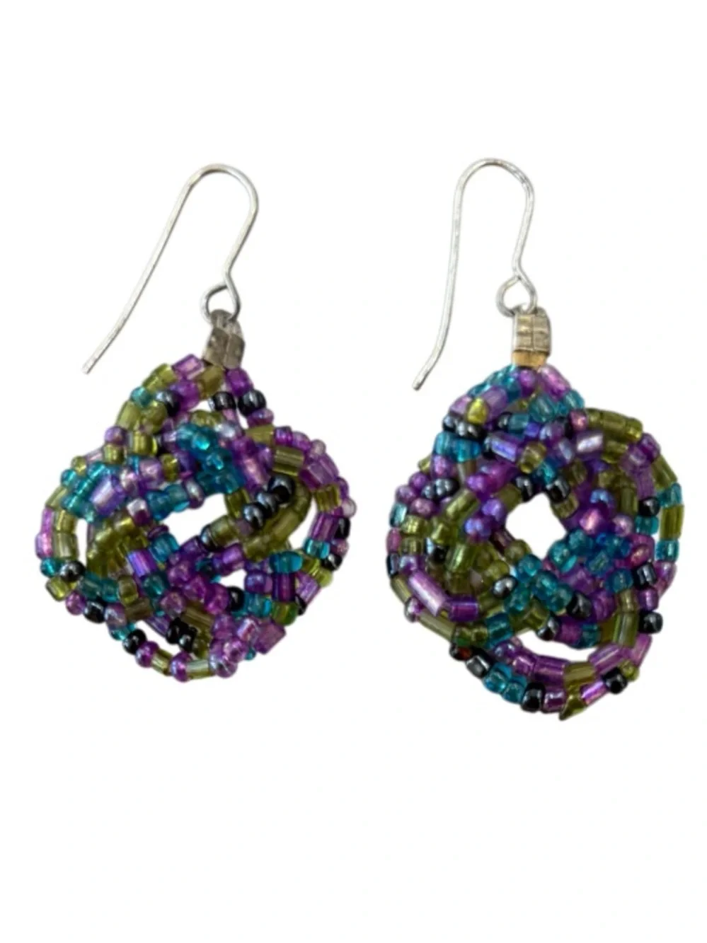 Vintage Beaded Earrings Handmade Flower Dangle Wire Coquette Blue Purple Rose